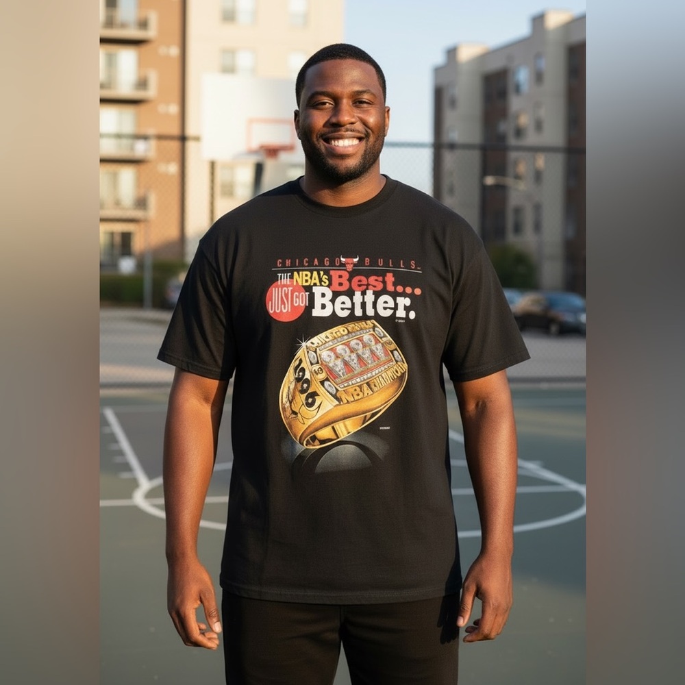 Chicago Bulls Championship 1996 NBA Black Tee with Gold Graphic